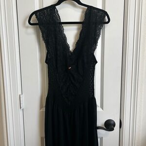 Circa 2000 Y2K Black Lace V-Neck Drop Waist Midi Dress Medium Sheer Whimsigoth